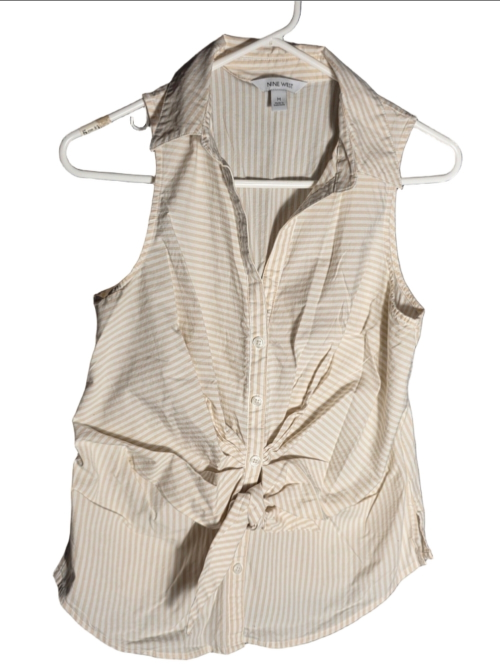 Women's Nine West Striped Sleeveless Button Down Shirt M Beige White coastal